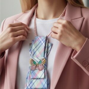 “Dainty Dapper” pastel Plaid necktie necklace with Butterfly Brooch